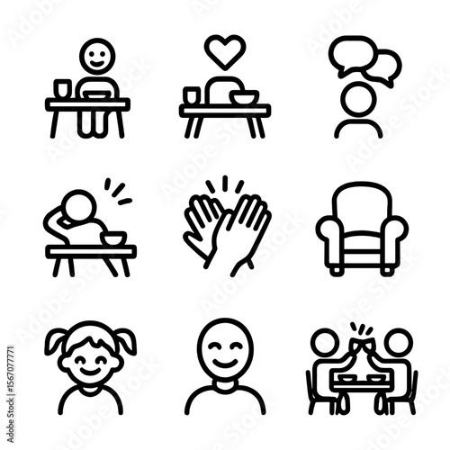 Family Dining Icons. Solid, filled icon set of family dining moods: happy face, heart, conversation bubbles, relaxed posture,