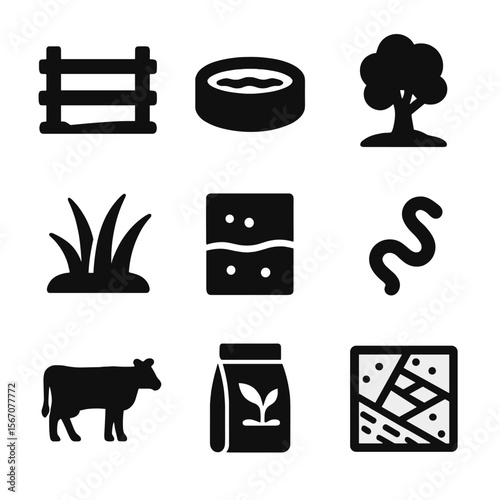 Sustainable Pasture Icons. Solid, filled icon set of sustainable pasture management: fencing, watering hole, grass patch, shade