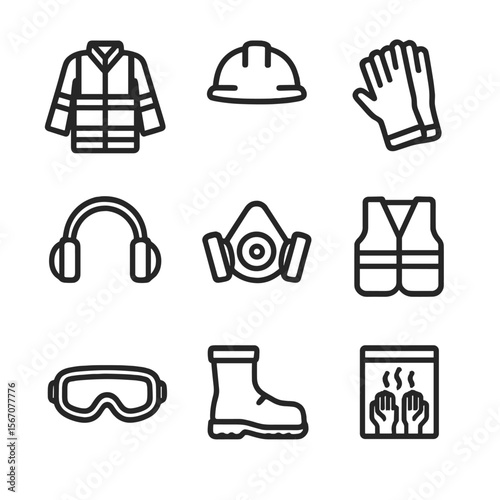Worker Safety Icons. Outline icon set of snow removal equipment and machinery: snowplow truck, skid-steer loader with snow bucket,