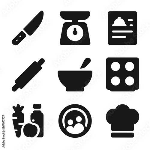 Family Meal Icons. Solid, filled icon set of family meal prep: cutting knife, food scale, recipe card, rolling pin, mixing bowl,