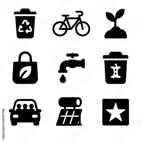 Sustainable Icon Set. Solid, filled icon set of sustainable lifestyle actions: recycling bin, bike, plant, reusable bag, water
