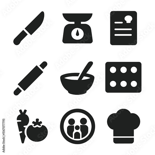 Family Meal Icons. Solid, filled icon set of family meal prep: cutting knife, food scale, recipe card, rolling pin, mixing bowl,
