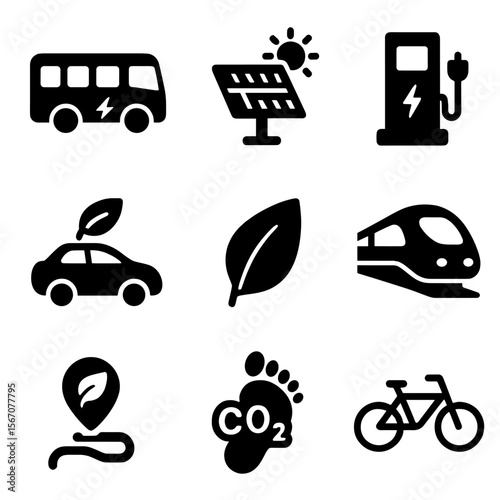 Sustainable Transport Icons. Solid, filled icon set of sustainable transport solutions: electric bus, solar panel roof, charging
