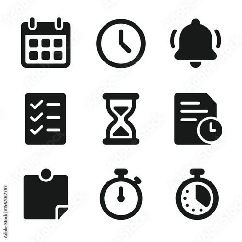 Due Date Icons. Solid, filled icon set of due date concepts: calendar, clock, alarm bell, checklist, hourglass, deadline document,