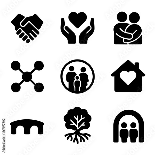 Family Unity Icons. Solid, filled icon set of family unity and connection: interlocked hands, heart in hands, hug icon, connected