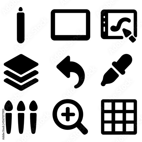 Digital Sketch Tool Icons. Solid, filled icon set of sketchbook digital tools: stylus, tablet, drawing software, layers icon, undo