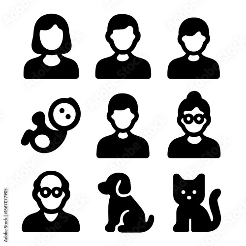 Family Icon Set. Solid, filled icon set of Family members icons: mother, father, child, baby, teenager, grandmother, grandfather,