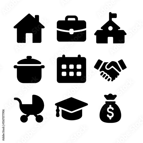 Family Roles Icons. Solid, filled icon set of family roles and duties: house, briefcase, school, cooking pot, calendar, handshake,