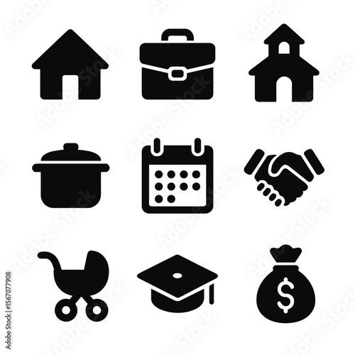 Family Roles Icons. Solid, filled icon set of family roles and duties: house, briefcase, school, cooking pot, calendar, handshake,