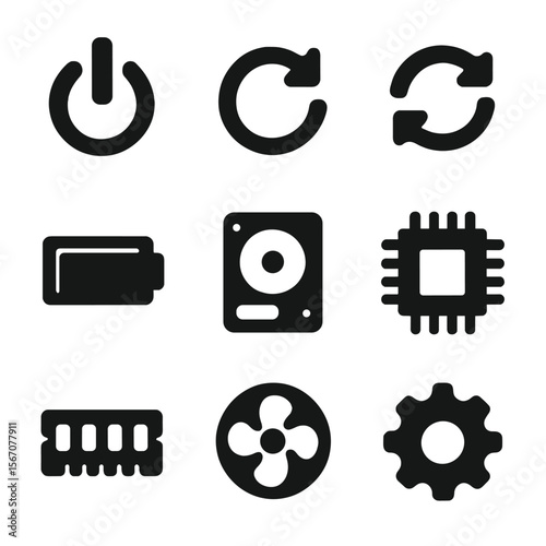 System Settings Icons. Solid, filled icon set of system settings: power button, restart, update, battery, storage, CPU, memory,