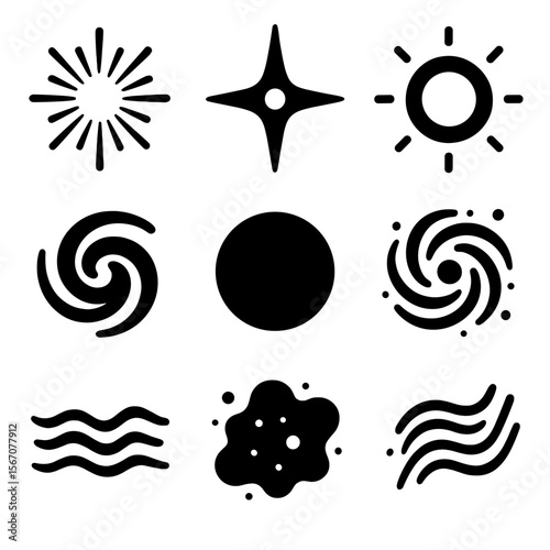 Cosmic Icons Grid. Solid, filled icons set of cosmic birth visuals: light burst, star core, radiant ring,
