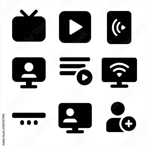 Digital Streaming Icons. Solid, filled icon set of digital streaming platforms: TV app, play button, mobile stream, desktop viewer