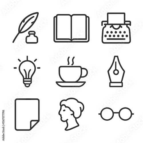 Writing Tools Icons. Outline icon set of writing tools and inspiration: quill and ink bottle, open notebook, typewriter, lightbulb