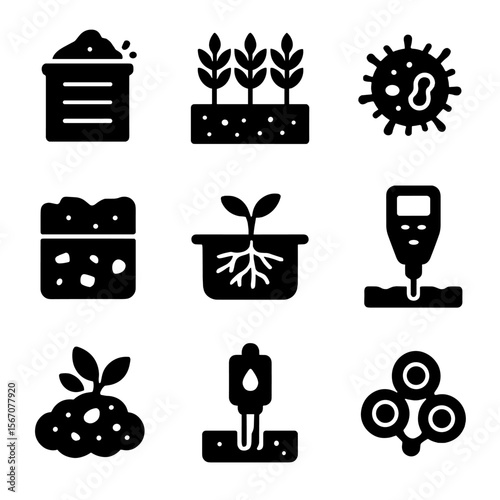 Soil Health Icons. Solid, filled icons set of soil health and crop resilience: compost bin, cover crop,
