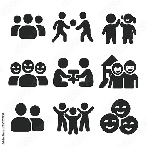 Social Fun Icons. Solid, filled icons set of group play and social fun: group icon, team game, kids high five,