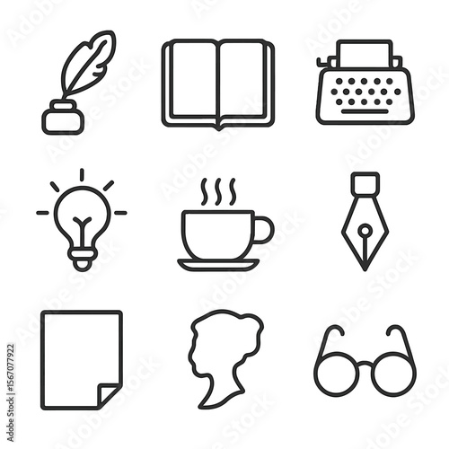 Writing Tools Icons. Outline icon set of writing tools and inspiration: quill and ink bottle, open notebook, typewriter, lightbulb