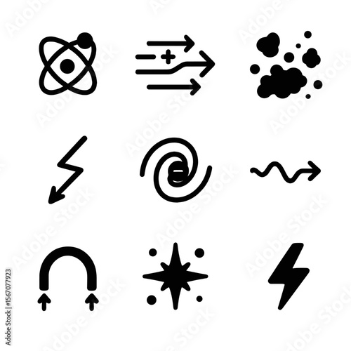 Cosmic Elements Icons. Solid, filled icons set of cosmic elements and particles: hydrogen atom, ion stream,