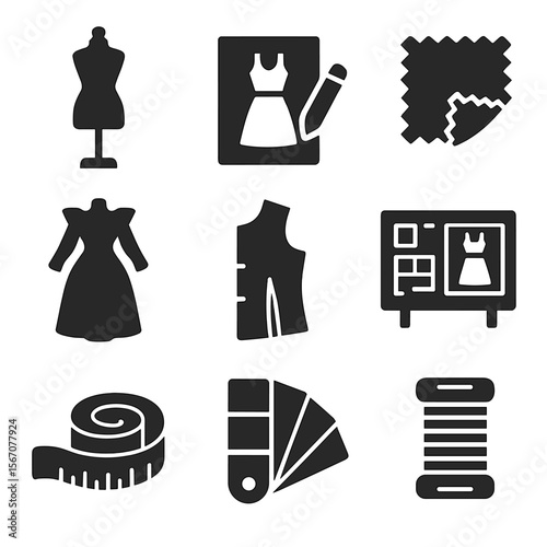 Costume Design Icons. Solid, filled icons set of costume design sketches: fashion mannequin, pencil sketch,