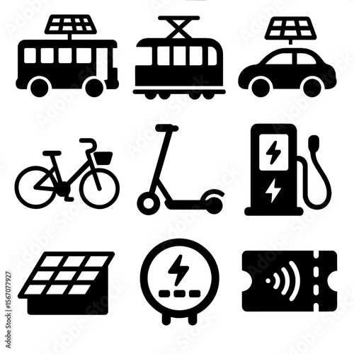 Solar City Transport Icons. Solid, filled icons set of solar-powered city transport vehicles: solar bus,