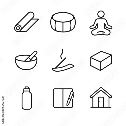 Yoga Retreat Outline Icons. Outline icon set of yoga and meditation retreat: yoga mat, meditation cushion, lotus pose silhouette,