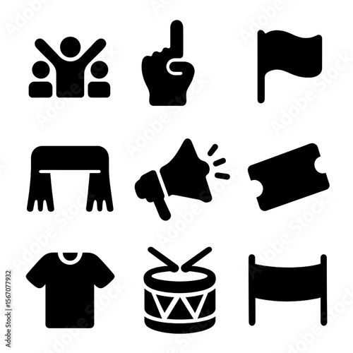 Fan Support Icons. Solid, filled icon set of fans and support: cheering crowd, foam finger, flag wave, team scarf, megaphone,