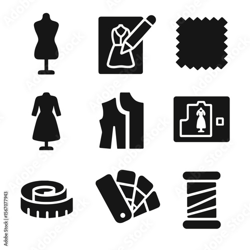 Costume Design Icons. Solid, filled icons set of costume design sketches: fashion mannequin, pencil sketch,