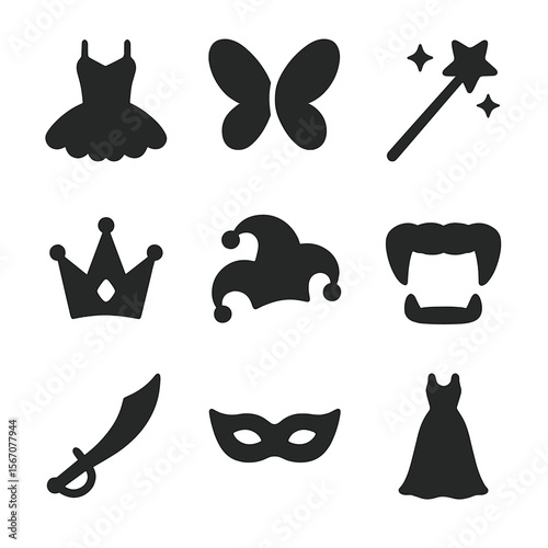 Fancy Dress Icons. Solid, filled icon set of fancy dress costumes: ballerina tutu, fairy wings, magician wand, princess crown,