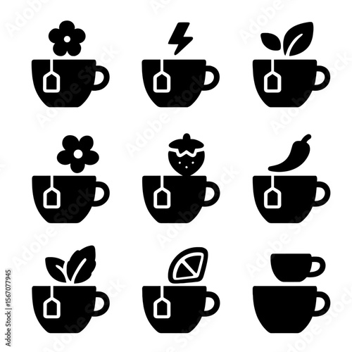 Tea Blend Icons. Solid, filled icon set of tea blend categories: calming blend, energizing blend, digestive blend, floral blend,