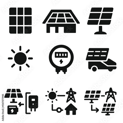 Solar Tech Icons. Solid, filled icons set of solar technology startups: PV cell, rooftop array, solar tracker,