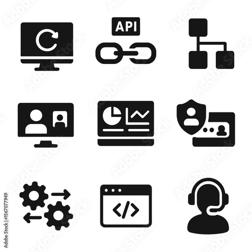 Digital Tools Icons. Solid, filled icon set of digital transformation tools: software update, API connection, workflow automation,