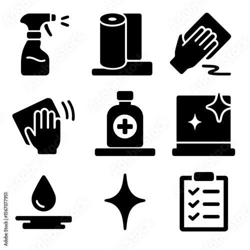 Countertop Cleaning Icons. Solid, filled icons set of countertop cleaning process: spray bottle, paper towel,