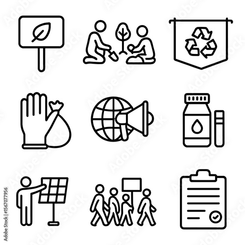 Youth Activism Icons. Outline icon set of youth environmental activism: protest sign with leaf, tree planting group, recycling