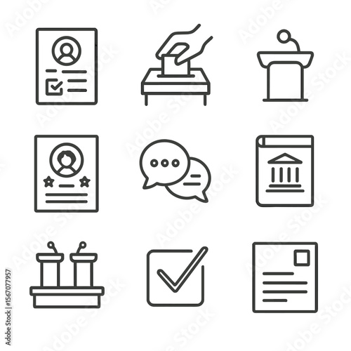 Youth Civic Engagement Icons. Outline icon set of political engagement for young people: voter registration form, ballot box with