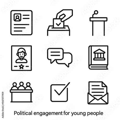 Youth Civic Engagement Icons. Outline icon set of political engagement for young people: voter registration form, ballot box with