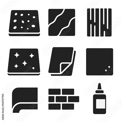 Countertop Material Icons. Solid, filled icons set of countertop materials and finishes: granite slab, marble