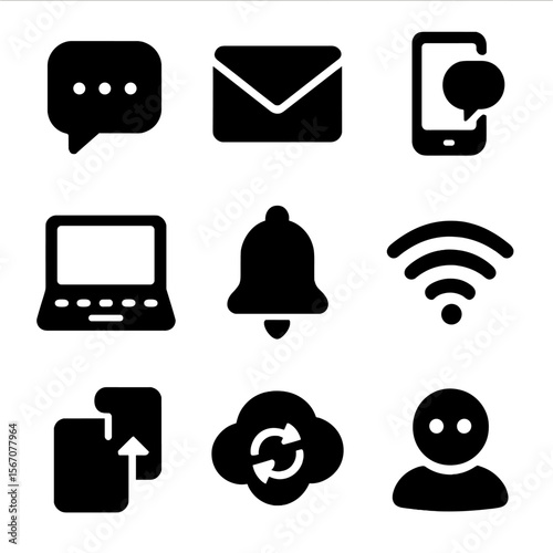 Digital Tools Icons. Solid, filled icon set of digital communication tools: messaging app, email envelope, smartphone chat bubble,