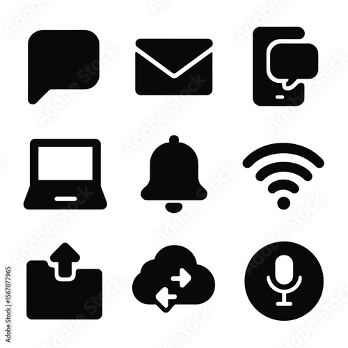 Digital Tools Icons. Solid, filled icon set of digital communication tools: messaging app, email envelope, smartphone chat bubble,