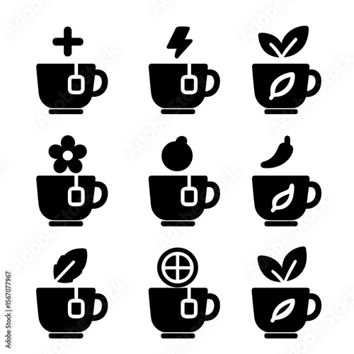 Tea Blend Icons. Solid, filled icon set of tea blend categories: calming blend, energizing blend, digestive blend, floral blend,