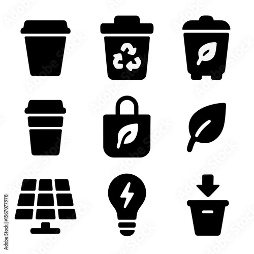 Eco Sustainability Icons. Solid, filled icon set of recycling and sustainability: paper cup, recycling bin, compost bin, reusable