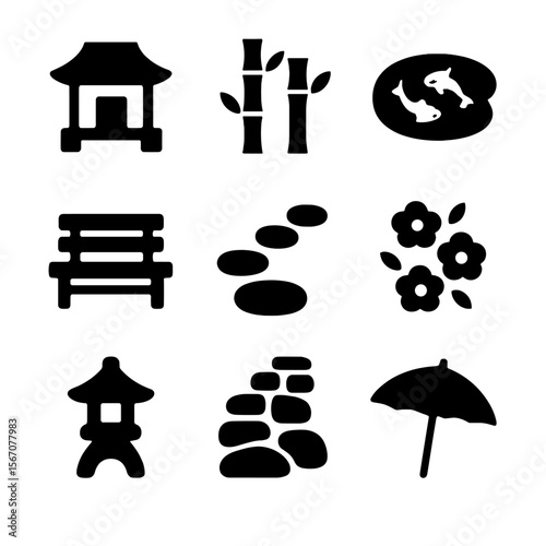 Tea Garden Icons. Solid, filled icon set of tea garden elements: teahouse, bamboo plant, koi pond, garden bench, stepping stones,