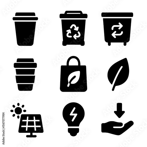 Eco Sustainability Icons. Solid, filled icon set of recycling and sustainability: paper cup, recycling bin, compost bin, reusable