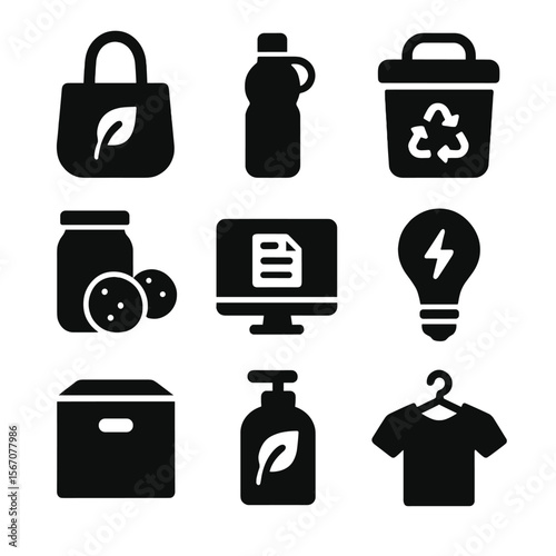 Eco-Friendly Icon Set. Solid, filled icon set of waste reduction tips: reusable bag, water bottle, compost bin, bulk shopping,