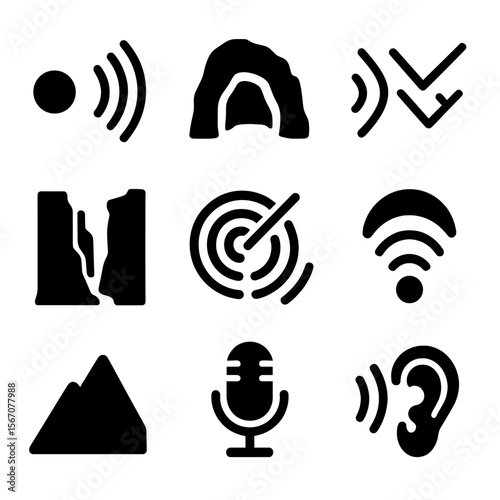 Sound Echo Icons. Solid, filled icons set of echo and reflection of sound: echo icon, cave entrance, sound