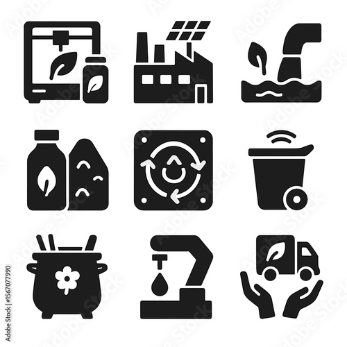 Eco Manufacturing Icons. Solid, filled icon set of eco-friendly manufacturing: 3D printer with bioplastic, solar-powered factory,