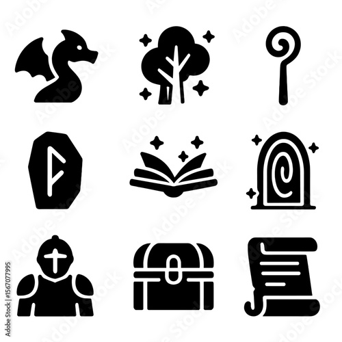 Fantasy Icon Collection. Solid, filled icon set of fantasy book illustration: dragon, enchanted forest, wizard staff, mystical