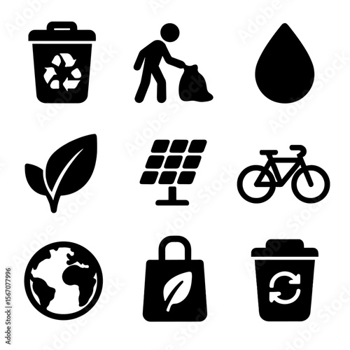 Eco Icon Grid. Solid, filled icon set of environmental volunteering: recycling bin, trash pickup, water drop, green leaf, solar