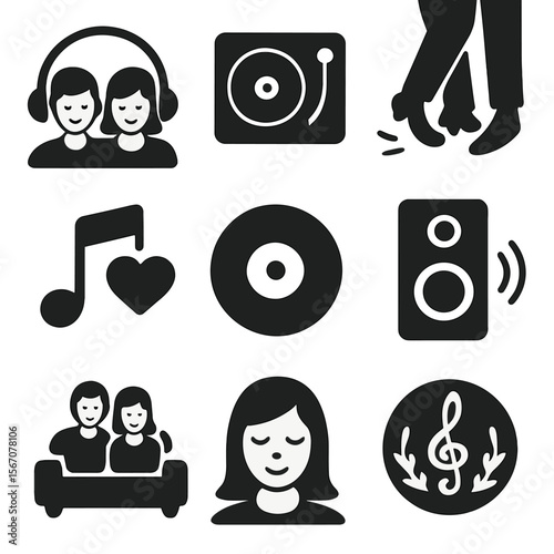 Couples Music Icon Set. Solid, filled icons set of couples enjoying music together: shared headphones, record