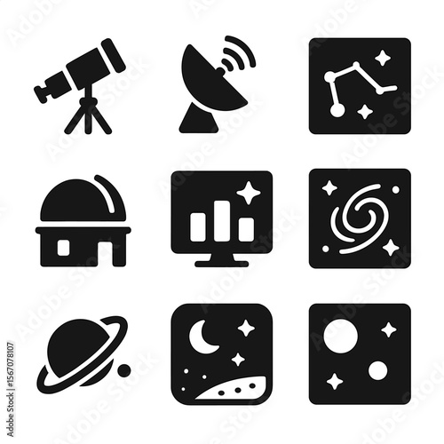 Space Observation Icons. Solid, filled icons set of space observation tools: telescope icon, satellite dish,