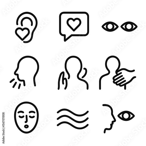 Active Listening Icons. Outline icon set of active listening and empathy: ear with heart, speech bubble with heart, eye contact