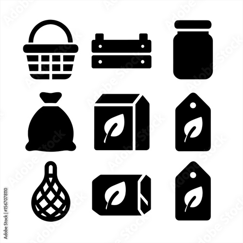 Farm Product Icons. Solid, filled icon set of farm products packaging: basket, crate, jar, sack, box, label, net bag, wax paper,
